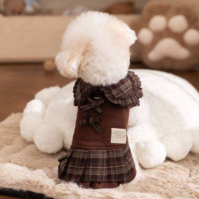Cozy Brown Plaid Pet Sweater Dress - Fleece-Lined Dog Skirt And Cat Winter Clothes With Ruffle Trim