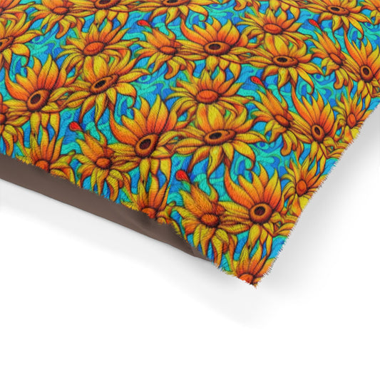 Sunflower Kaleidoscope on Turquoise Waves - Pet Bed Pet Zen