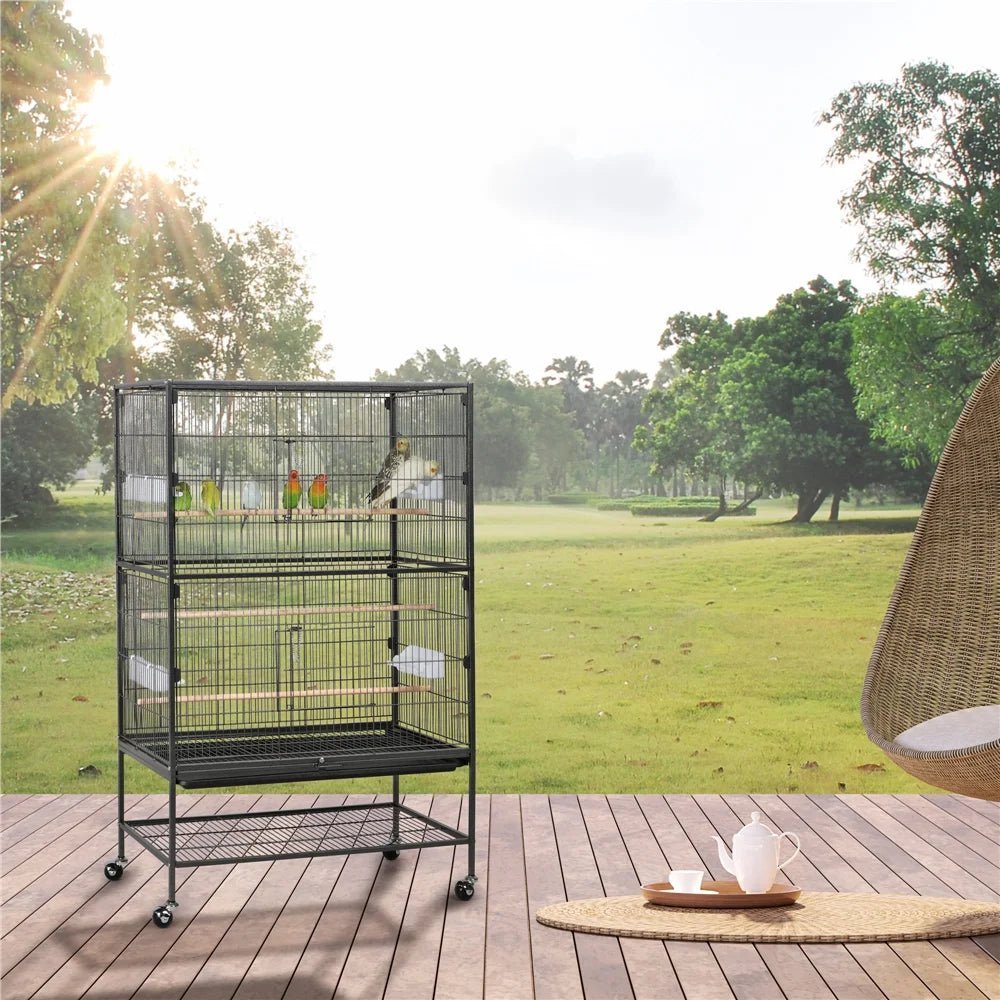 52''H Metal Rolling Bird Cage with 3 Perches & 4 Feeders & Extra Storage Shelf, Black