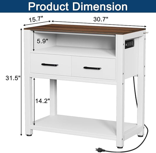 20-29 Gallon Fish Tank Stand with Power Outlet & 2 Storage Drawers, Heavy Duty Metal Frame Aquarium Stand with Waterproof Mat, 30.7" L*15.7" W Tabletop, 550LBS Capacity, White+Brown