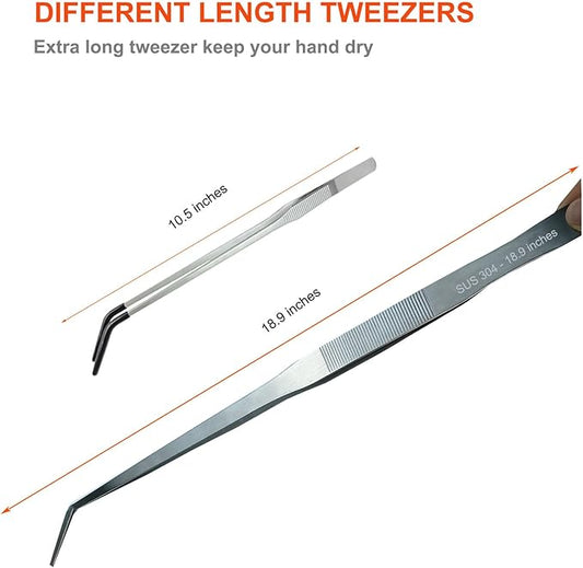 2 Pack Extra Long Tweezers, Fecsam Feeding Tongs, 18.9 inch & 10.5 inch Curved Aquarium Stainless Steel Large Aquascape Tools for Fish Tank, Terrarium,Aquascaping, Reptile, Bearded Dragon