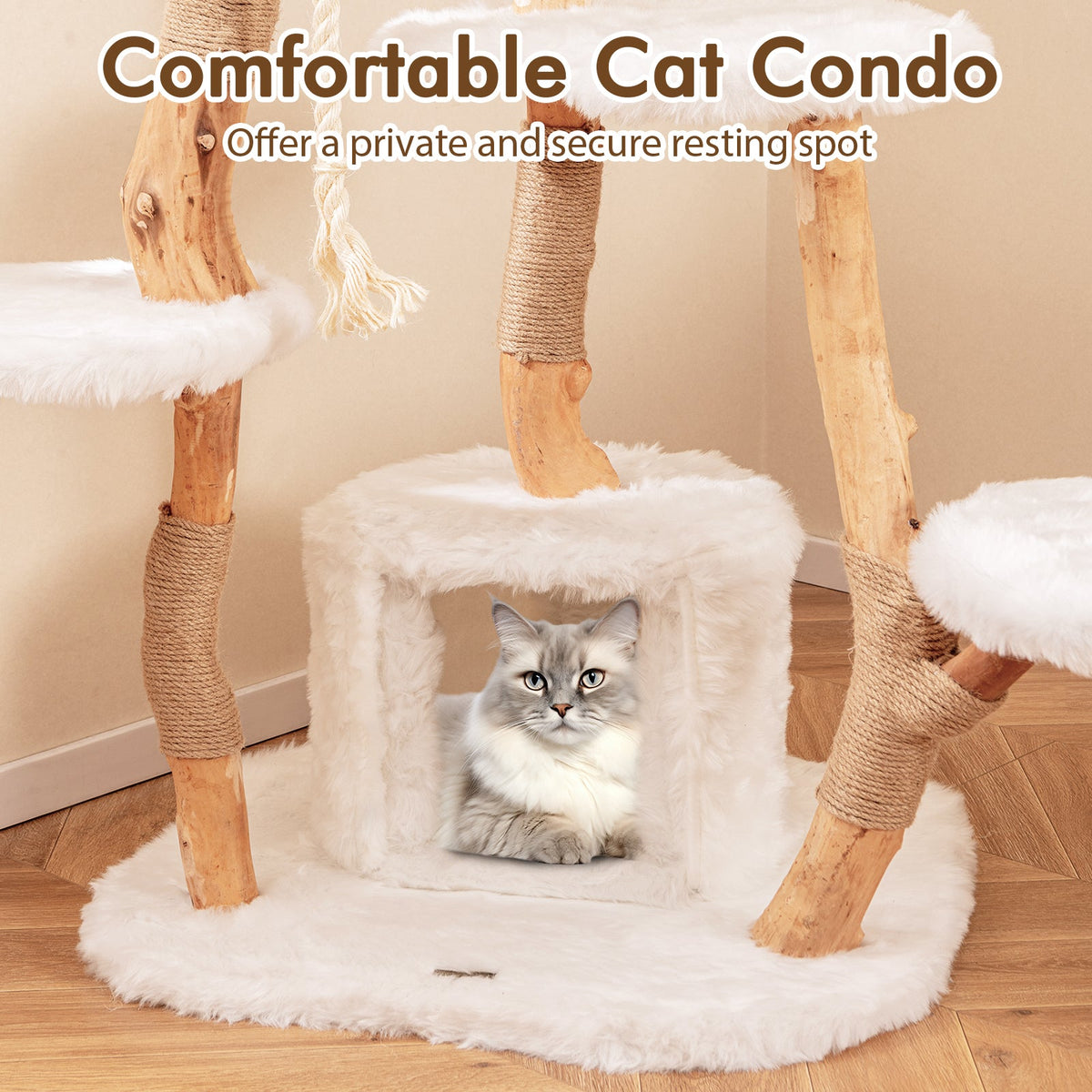 66 Inch Tall Solid Wood Cat Tree Modern Wooden Cat Tower with Perch-White