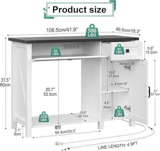 40 Gallon Aquarium Stand With Charging Station, Farmhouse Fish Tank Stand, Reptile Tank Stand Terrarium Stand with Drawer and Cabinet Storage, Sturdy Heavy Duty 41.9"×18.3" Tabletop - White