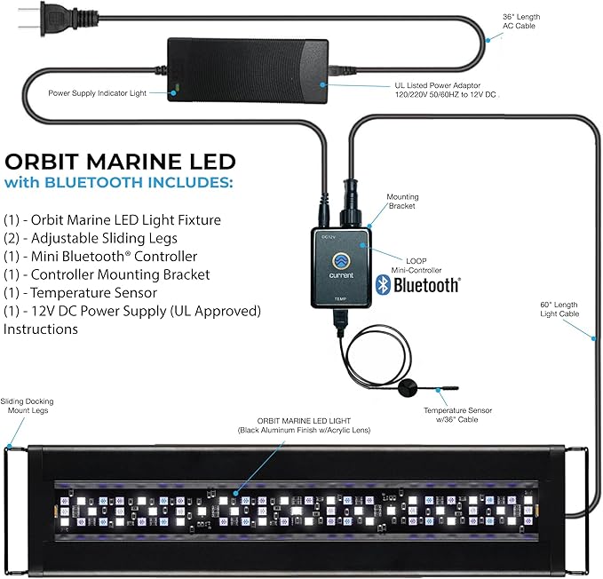 Current USA 24"-36" Inch Orbit Marine LED Saltwater Reef Marine Aquarium Light with Bluetooth App Control | Wireless Lighting & eFlux Wave Pump Control for Fish Tank (4201)