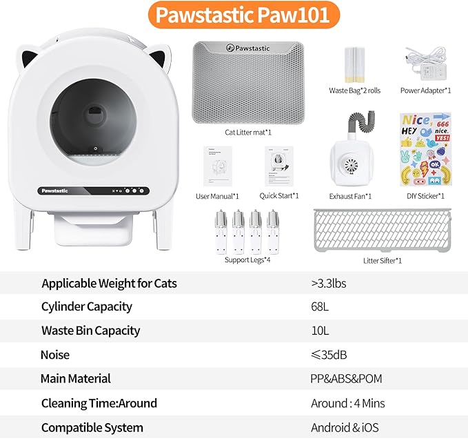Self Cleaning Litter Box, 68 L Automatic Cat Litter Box for Multiple Cats, Robot with Dual Safety Protection, APP Control, Odor Removal Smart Litter Boxes, 2 Roll Trash Bags