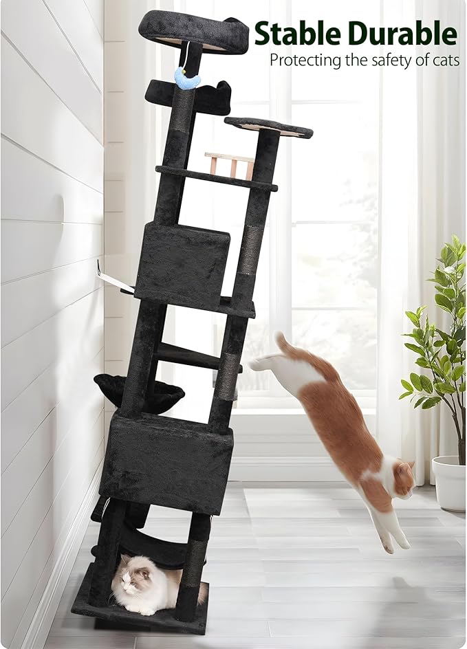 85inch Giant Cat Tree for Heavy Duty Big Cats, Multi-Level Luxury Cat Tower with Scratching Post, Cat Condo with Hammocks & Plush Perches for Indoor Cats Large Adult, Black