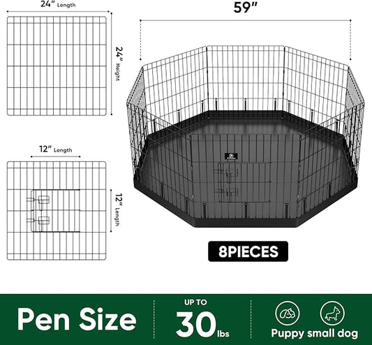 PJYuCien Dog Playpen, 8 Panels 24’’H Dog Pens Indoor with Bottom Pad, Metal Foldable Pet Puppy Exercise Fence Crate Kennel, Better for Small Animals, Black
