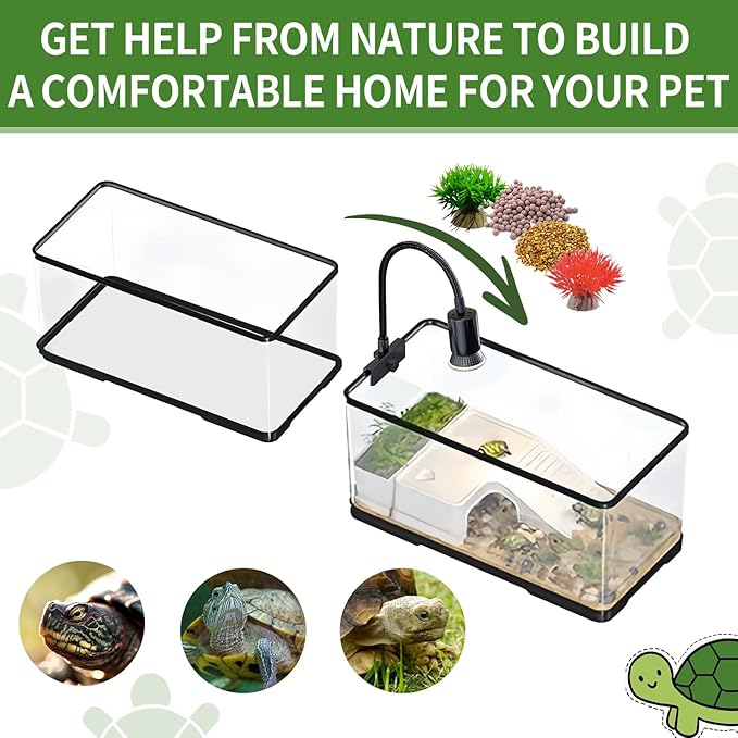 (Tank + Light + Filter + Filter Balls) Turtle Tank Kit, Turtle Tank Starter Kit,Bottom Drainage, Multi-Function Areas for Turtles, Crabs,Fishes, Amphibians,Reptiles.(15.75 x 8.64 x 8.64 Inch)