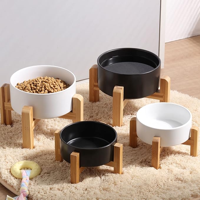 Petygooing 28 OZ Black Elevated/Raised Ceramic Dog Bowl for Small and Medium Breeds, Dog Food Water Dish with Stand,Pet Feeding Bowl with Anti Slip Rubber for Cats Small and Medium Dogs (3.6 Cups)