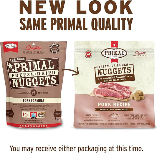 Primal Freeze Dried Raw Dog Food Nuggets, Pork, Complete & Balanced Meal, Also Use as Topper or Treat, Premium, Healthy, Grain Free, High Protein Raw Dog Food, 5.5 oz