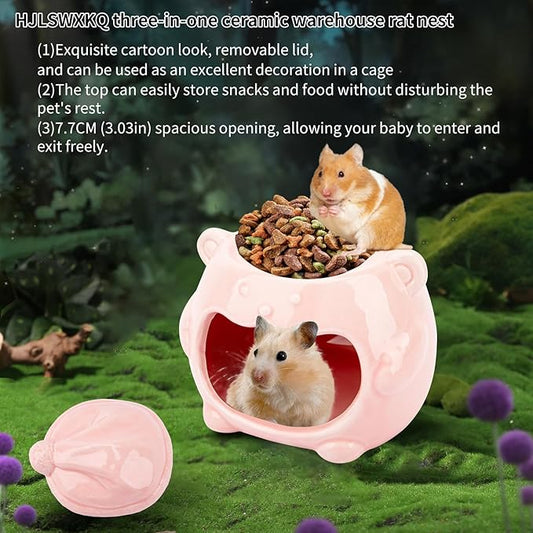 3-in-1 Bear Shaped Ceramic Hamster House - Cool House for Syrian Dwarf Hamsters, Mice, Gerbils, Small Pets, Top for Hamster Food, Removable Lid for Ice Packs, Cute Cool Hideout for Summer(Pink)