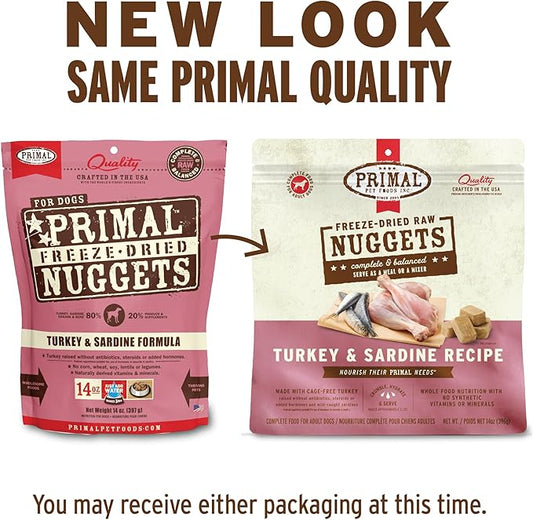 Primal Freeze Dried Raw Dog Food Nuggets, Turkey & Sardine Complete & Balanced Meal, Also Use as Topper or Treat, Premium, Healthy, Grain Free, High Protein Raw Dog Food, 14 oz