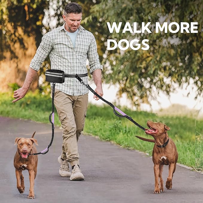 Hands Free Dog Leash with Pouch, Double Leash for Two Dogs, Retractable Bungee with Double Padded Handles, Dog Waist Leash for Dog Walking, Running Leash for Dogs, Dog Walking Accessories