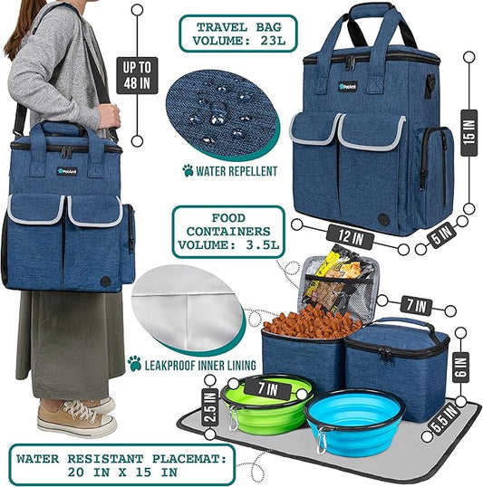 PetAmi Dog Travel Bag Pet Supplies Accessories Organizer for Traveling, Camping, Weekend; Cat Pet Travel Bag Kit Includes 2 Food Storage Containers, 2 Collapsible Bowls, 1 Feeding Mat (Navy Blue)