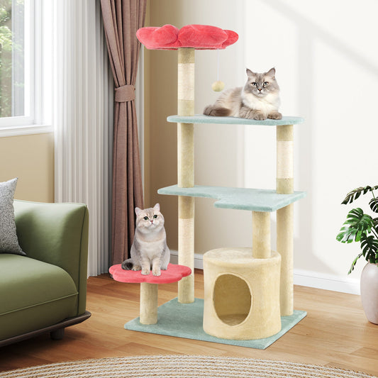 49 Inch Tall Multi-Level Aesthetic Floral Kitten Tower with Flower-Shaped Plush Padded Perch-Multicolor