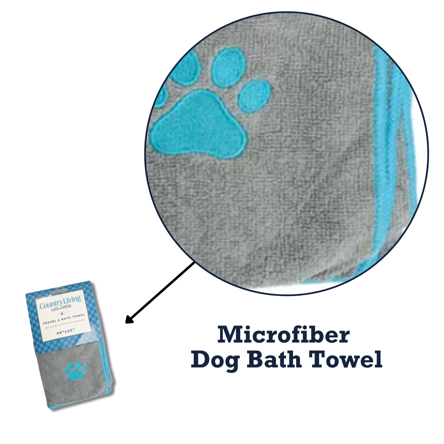 Country Living Large Gray Microfiber Dog Bath Towel with Teal Embroidered Paw Print