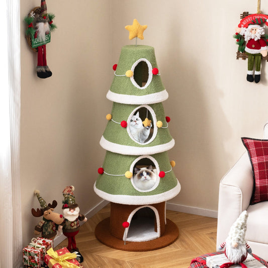 Large Christmas Cat Tree for Indoor Cats 61 Inch Cute Cat Tower with 4 Condos-Green