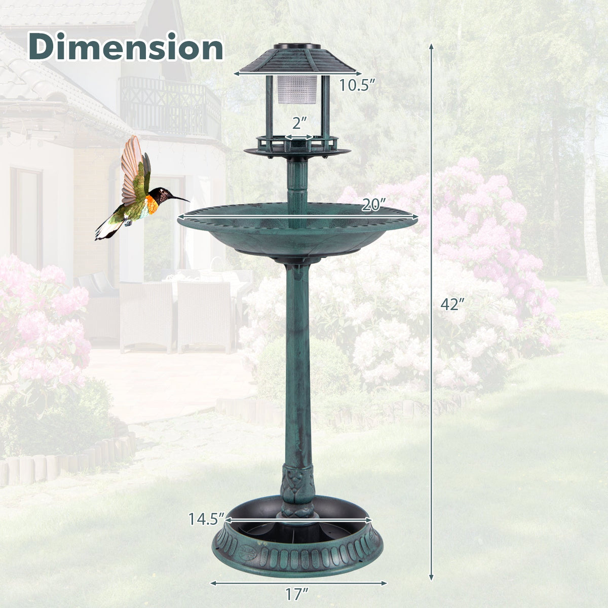 Solar Pedestal Bird Bath with Feeder and Planter - Bronze