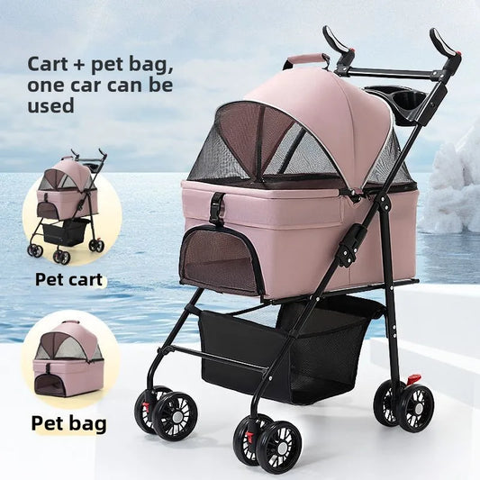 3 in 1 Dog Strollers 4 Wheels Folding Pet Stroller with Detachable Carrier Breathable Visible Mesh Travel Carriers