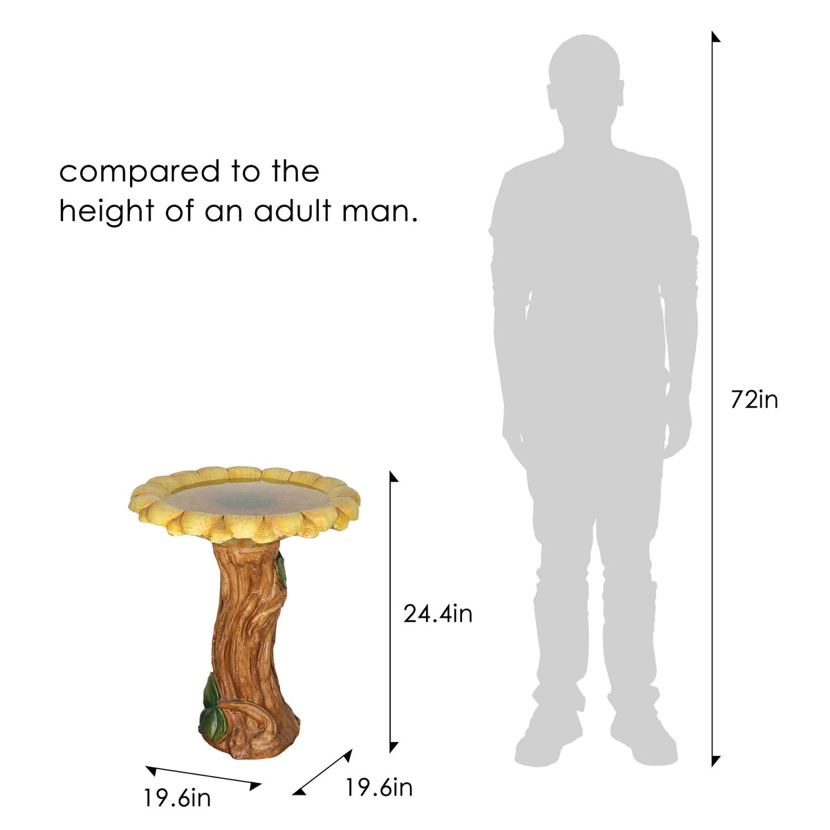 Concrete Wooden Bird Bath Sunflower on Trunk 24 Inch