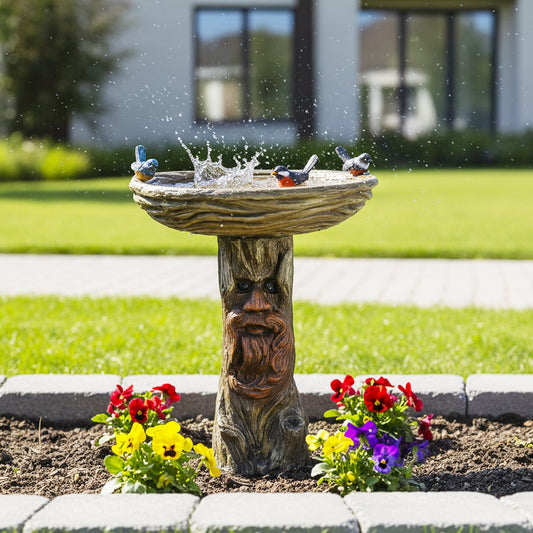 Concrete Stone Bird Bath Old Man Tree Face 23 Inch