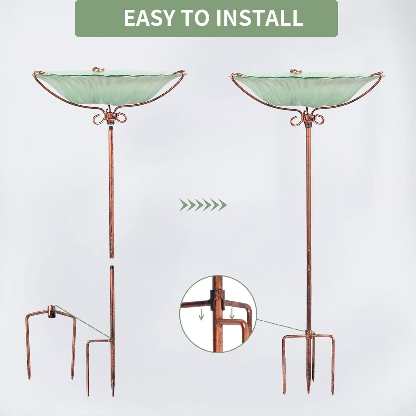 26 Inch Height Glass Birdbath Birdfeeder with Metal Stake Garden Outdoor Green