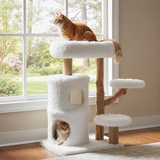 Modern Cat Tree for Indoor Cats 30.5 Cat Tower with Real Solid Wood Branches-White