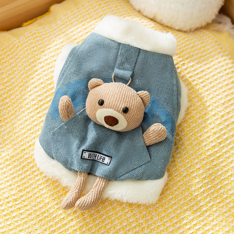 Autumn And Winter Korean-style Dog Pocket Three-dimensional Bear, Denim Towing Vest, Cat Cotton Coat, Warm Pet Dog Clothes
