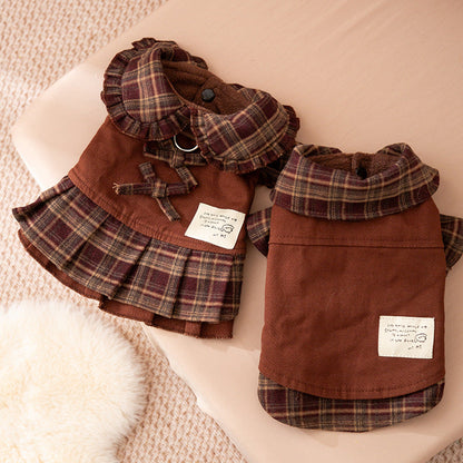 Autumn And Winter Dog Skirts With Check Patterns For Warmth, Cat Teddy Bichon Frise, High-end Custom Pet Clothing For Small And Medium-sized Dogs