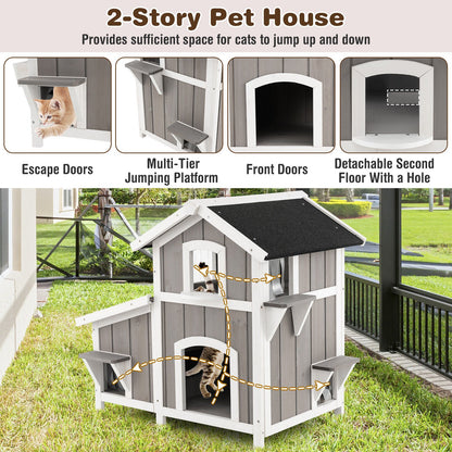 2-Story Outdoor Wooden Feral Cat House with Escape Door-Grey