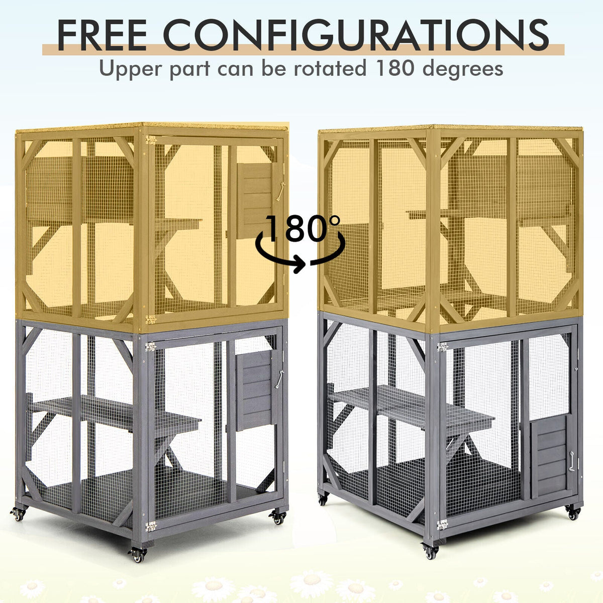 Outdoor Cat House Enclosures on Wheels Kitten Cages with Resting Box-Gray