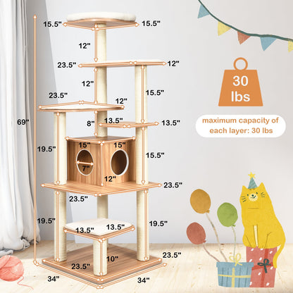 7-Layer Wooden Cat Tree Tall Cat Tower with Sisal Posts and Condo