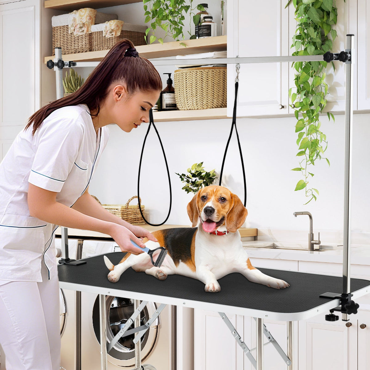 Foldable Dog Grooming Table with Height Adjustable Arms-Black