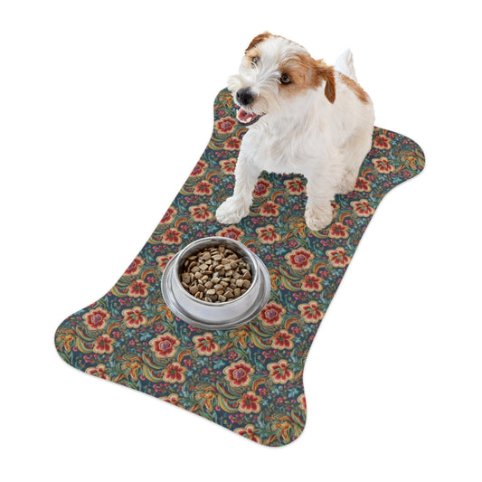 Crimson Blossoms on Teal Vintage Brocade Pattern - Pet Feeding Mat Pet Ze