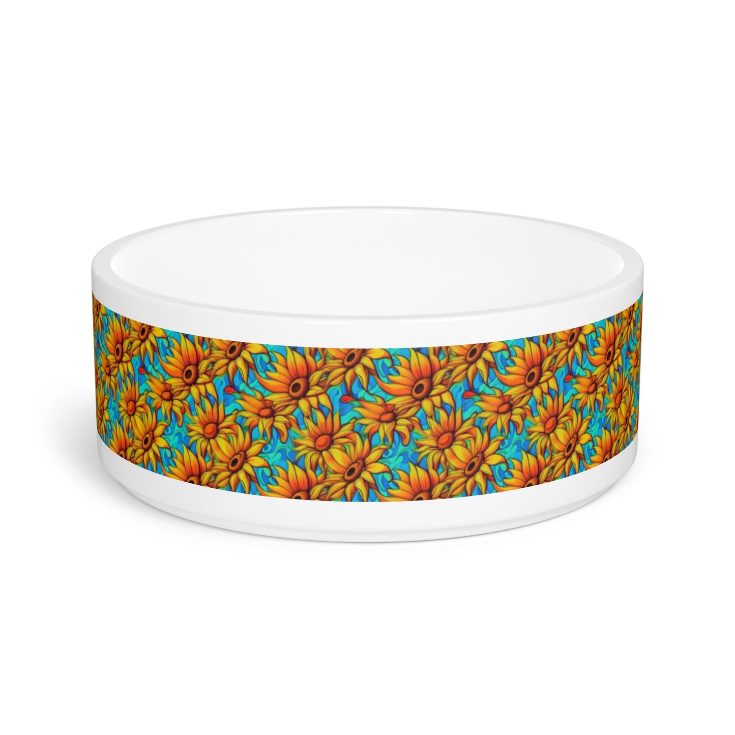 Sunflower Kaleidoscope on Turquoise Waves - Pet Bowl