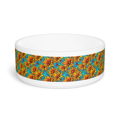 Sunflower Kaleidoscope on Turquoise Waves - Pet Bowl