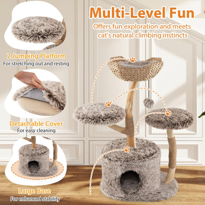 Wood Cat Tree Solid Pear Cat Tree with Perch and Sisal Scratching Posts-Brown