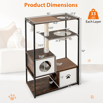52 Inch Tall Wooden Cat Tree Metal Frame with 2 Condos and Cushions-Coffee