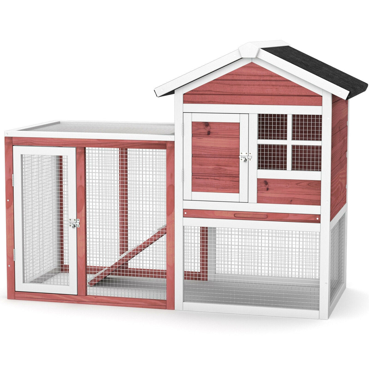 2-Story Wooden Rabbit Hutch with Running Area