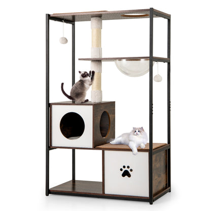 52 Inch Tall Wooden Cat Tree Metal Frame with 2 Condos and Cushions-Coffee