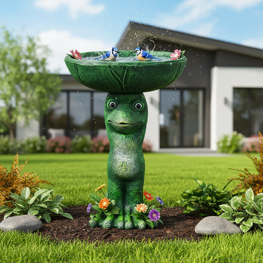 Concrete Frog Bird Bath Lily Pad Basin 21 Inch