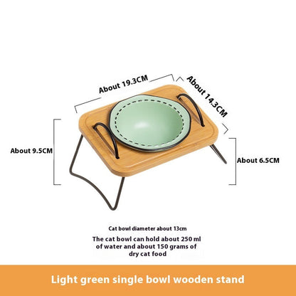 Pet Wooden Rack Multi-functional Ceramic Cat Bowl Anti-tumble Water Feeding Oblique Mouth Easy To Clean