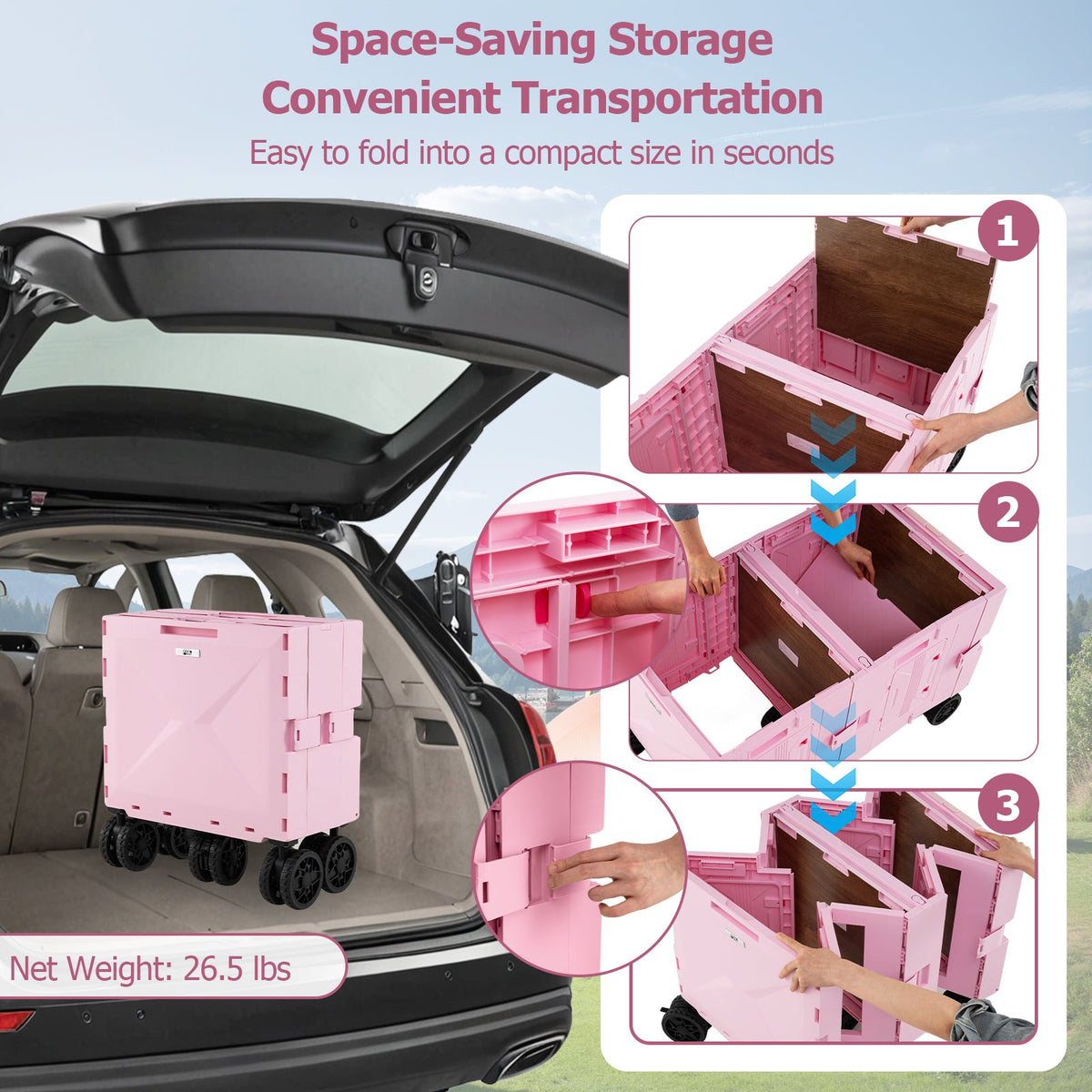 Large Foldable Utility Cart with 2-Tier Storage Crates and Telescoping Handle