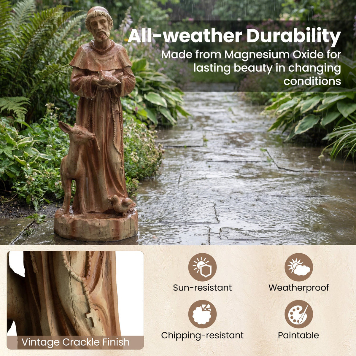 24.5 inch St. Francis Statue with Bird Feeder Saint Francis of Assisi with Animals Sculpture