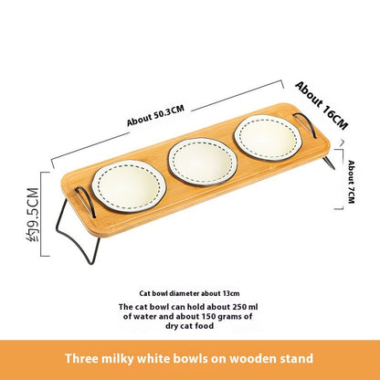 Pet Wooden Rack Multi-functional Ceramic Cat Bowl Anti-tumble Water Feeding Oblique Mouth Easy To Clean