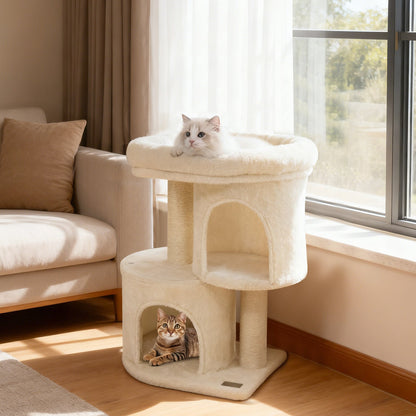 26 Inch Cat Tower with Large Padded Push Perch and Dual Condos