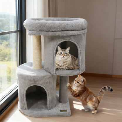 26 Inch Cat Tower with Large Padded Push Perch and Dual Condos