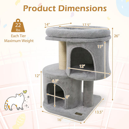 26 Inch Cat Tower with Large Padded Push Perch and Dual Condos