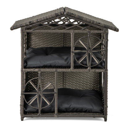2-storey Wicker Cat House Rattan Kitten Condo Enclosure with Removable Cushions-Gray