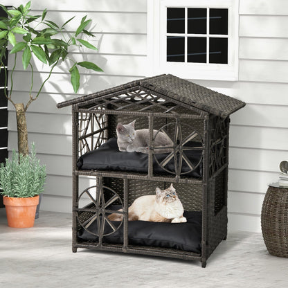 2-storey Wicker Cat House Rattan Kitten Condo Enclosure with Removable Cushions-Gray
